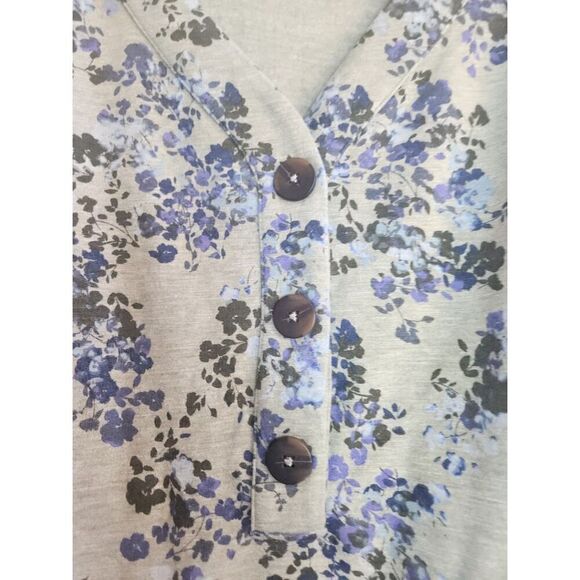 J.Jill Women Gray w/Blue Floral Print Henley Cotton Blend Knit Blouse size Large - Picture 5 of 7